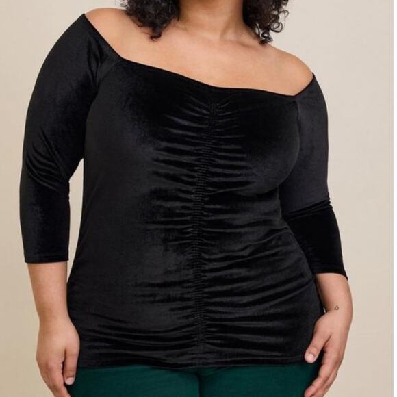 Torrid black Stretch Velvet Shirred Front Off The Shoulder Top - Picture 1 of 9